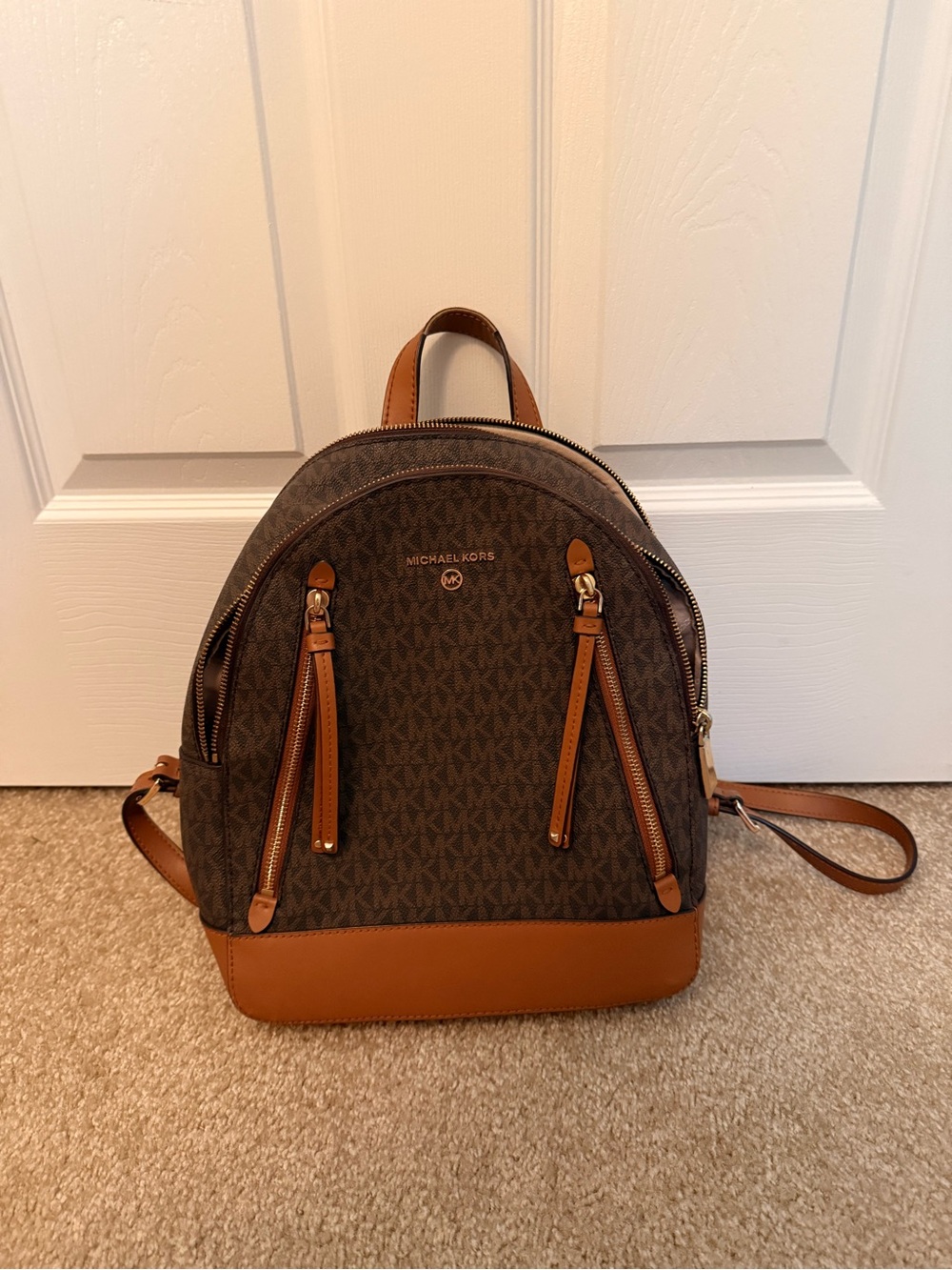 Michael Kors Brown Logo Canvas Backpack with Tan Trim